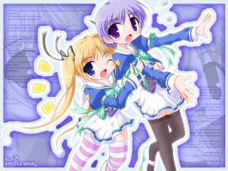 Anime hugging girls purple background - a picture together free wallpaper