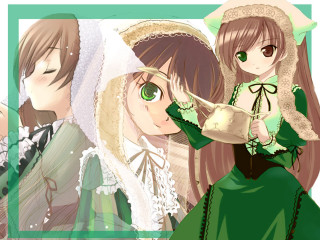 Anime girls mirror green white - a white background free wallpaper