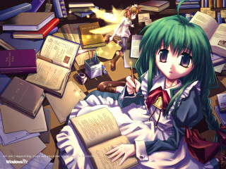 Green hair girl library floating - a lamp free wallpaper