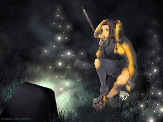 Fantasy anime man sitting fireflies - a flashlight free wallpaper