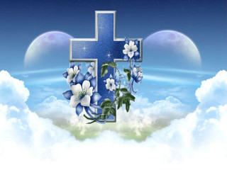 Cross flowers sky clouds moon - a cross free wallpaper