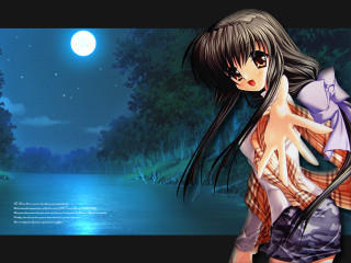 Girl lake night moon bamboo - full free wallpaper