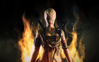 Woman costume guns fire flames - unreal engine 5 free wallpaper