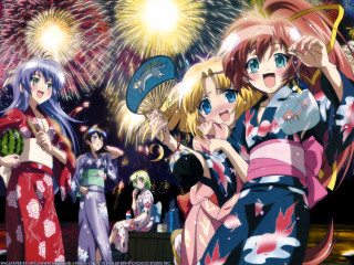 Anime girls fireworks festival kimono - firework free wallpaper