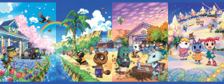 Cartoon town animals people walking - a rainbow in the sky free wallpaper