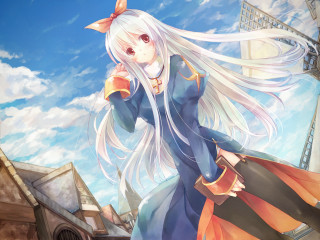 White hair blue dress cityscape - city background free wallpaper
