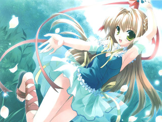 Girl blue dress ribbon bow - her hand and a tree in the background free wallpaper