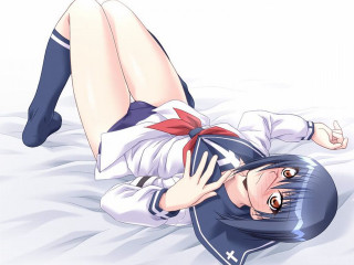 Anime girl bed blue hair - her head free wallpaper