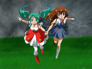 Anime girls field horns dress - their body free wallpaper