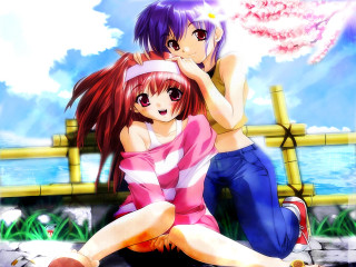 Anime girls bench pink umbrella - a bench free wallpaper