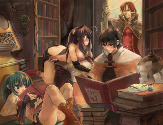 Anime girls library reading boys - a man in the background free wallpaper