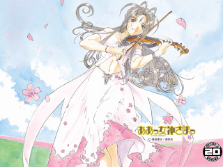 Woman white dress violin flower - a manga drawing free wallpaper for desktop