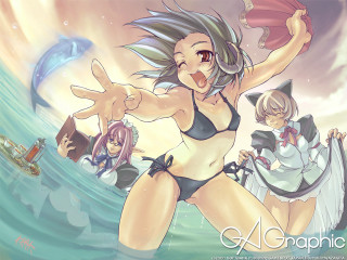 Neogeo anime 3girls bikini beach - two other woman free wallpaper