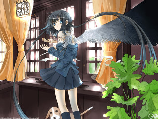 Woman blue dress dog window - over her free wallpaper