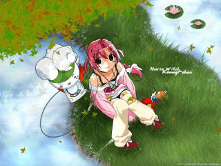 Anime girl cat grass outdoors - a fish free wallpaper