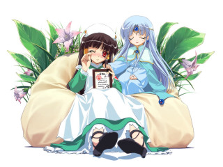 Anime girls beanbag flower book - official art free wallpaper for desktop