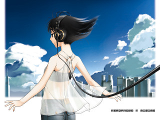 Woman headphones city skyline album - cloud and buildings free wallpaper