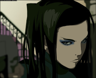 Woman long hair blue eyes 68 - a staircase in the background free wallpaper