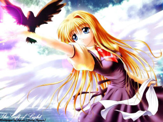 Blonde girl bird wings sky - anime visual free wallpaper