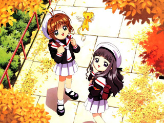 Autumn leaves two girls cat - aimitsu free wallpaper