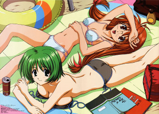 Anime girls beach towel bikini - top of a bed next free wallpaper
