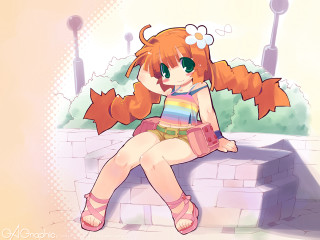 Girl sitting brickwall crossedlegs colorfuldress - the wind free wallpaper