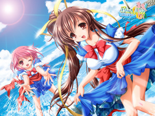 Anime girls water umbrella beach - one girl free wallpaper