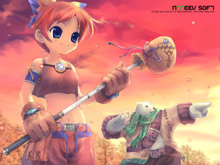 Girl sword dog sunset fantasy - game art free wallpaper