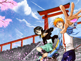 Pink flower field anime characters - a man and a woman free wallpaper