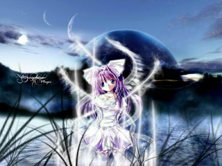 Anime girl purple hair angel - a moon in the background free wallpaper