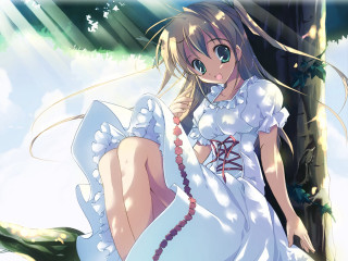 Woman white dress sitting tree 2 - the wind free wallpaper