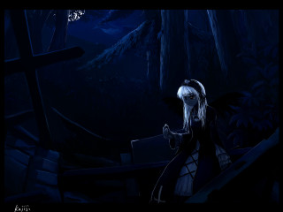 White hair black dress forest - dark atmosphere free wallpaper