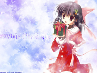Girl red dress present snow - present free wallpaper