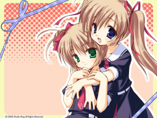 Anime girls hug ribbon bow - their head free wallpaper