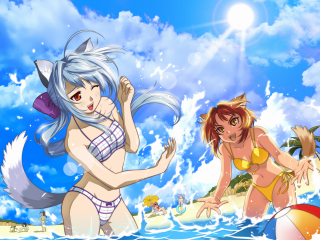 Beach women wolf man anime - two woman free wallpaper