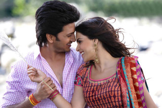 Man woman holding stick smiling - movie still frame free wallpaper