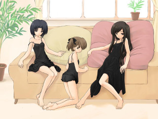 Gothic anime girls couch plant - three girl free wallpaper