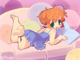 Cartoon girl couch book barefoot - a book in her hand and a book in her other hand free wallpaper