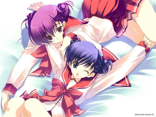 Anime girls lying schooluniform bows - their back free wallpaper
