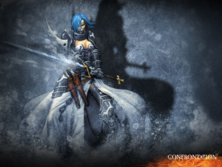Woman armor sword shadow bluehair - a woman in armor holding free wallpaper