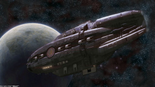 Spaceship flying moon star filled - redshift free wallpaper