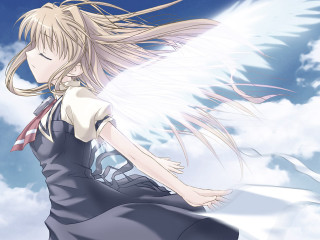 Angelic girl flying clouds blue - long hair and a tie free wallpaper