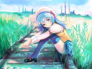 Blue haired girl kneeling traintrack - a character portrait free wallpaper
