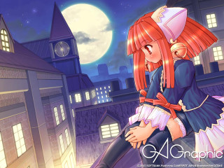 Anime girls hug fullmoon cityscape - full free wallpaper