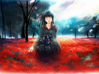Woman redflowers autumn kimono sunset - red flower free wallpaper