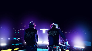 Two people keyboard dark room - synthwave free wallpaper
