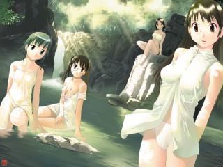 Forest waterfall group women men - official art free wallpaper for desktop