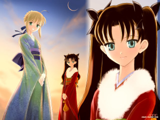 Sunset anime girls cat kimono - sots art free wallpaper