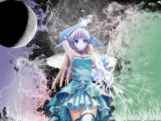 Girl blue dress bird moon - a caption free wallpaper