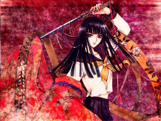 Woman sword tiger floral umbrella - sōsaku hanga free wallpaper